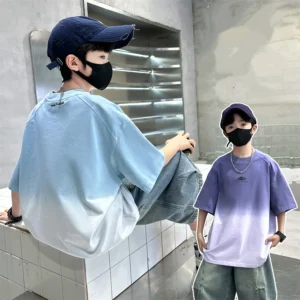 Gradient Color Kid's Fashion Summer Clothing T-shirt Tweens Child Short Sleeve Cotton Tshirt Outfit School Boy Casual Tee Tops