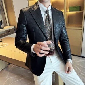 Waffle High Quality Korean Slim Fit Leather Jacket Fashion Business Slim Fit Casual Men Suit Coats Tuxedos Men Clothing 4XL-M