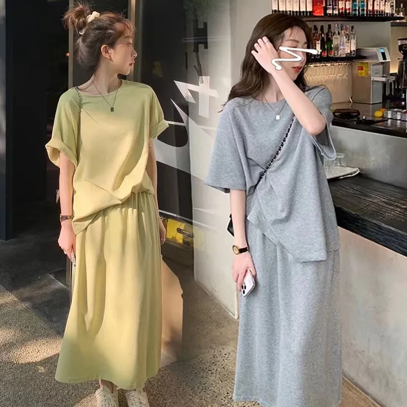 kf-S0f6b5f05cbcb4ad79c2e5cce483d6f2bg Women Clothing Sets Short Sleeve T-shirt+Dress 2Pcs Suits Solid Color Ladies Casual Loose Outfits Fashion Streetwear - Image 3
