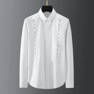 Czech Rhinestone Decorated Shirt for Men Long Sleeved Formal Shirt Cotton Banquet Party Stage Performance Shirt Men Clothing