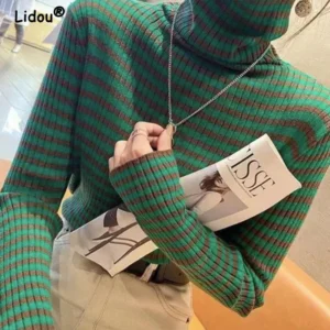 Autumn and Winter Striped High Neck Knitted Shirt for Women's New Long Sleeve Top, Women's Sweater Base Shirt