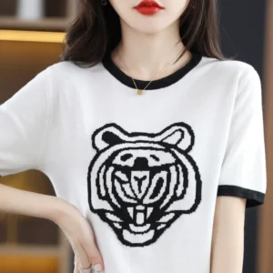 Ladies Round Neck Pure Cotton Short Sleeve Tee Black And White Tiger Luxury Designer Clothing Plus Size Womens Sale T-shirt Top.