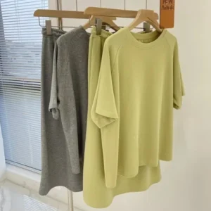Women Clothing Sets Short Sleeve T-shirt+Dress 2Pcs Suits Solid Color Ladies Casual Loose Outfits Fashion Streetwear