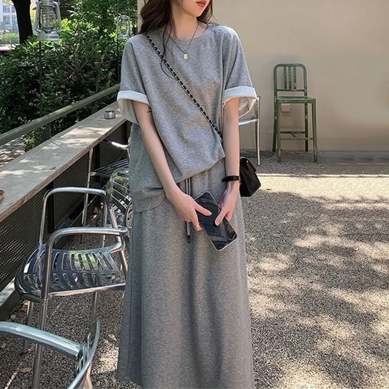 kf-See67688701f34e4aa86eef772bcd3795N Women Clothing Sets Short Sleeve T-shirt+Dress 2Pcs Suits Solid Color Ladies Casual Loose Outfits Fashion Streetwear - Image 2